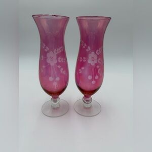 Vintage Crystal Cranberry Luster Pedestal Vase Set of 2